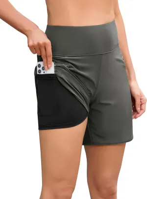 difficort Womens 7" Swim Shorts with Leggings High Waisted Board Beach Swimming Shorts with Zipper Pockets