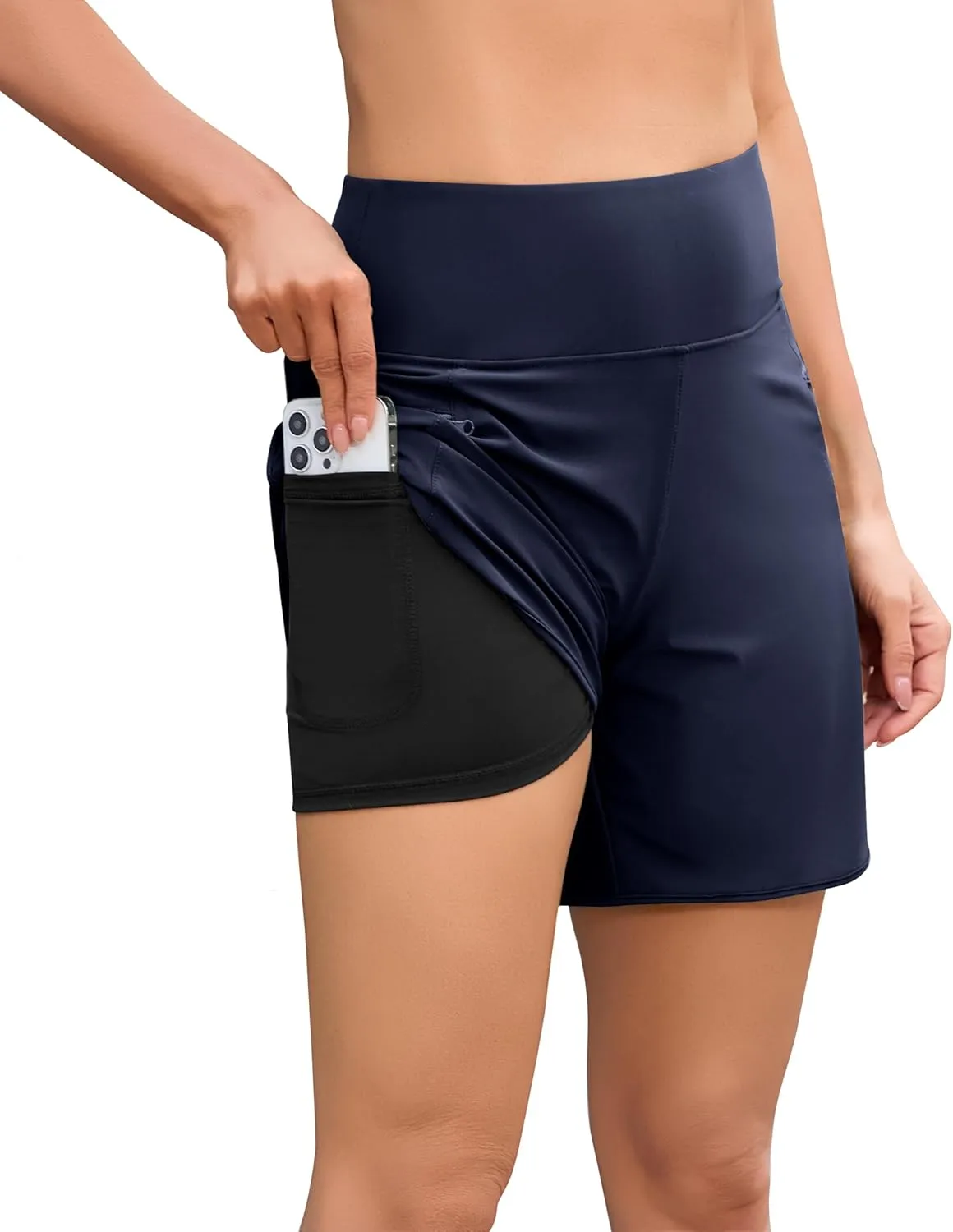difficort Womens 7" Swim Shorts with Leggings High Waisted Board Beach Swimming Shorts with Zipper Pockets