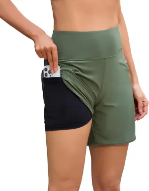difficort Womens 7" Swim Shorts with Leggings High Waisted Board Beach Swimming Shorts with Zipper Pockets