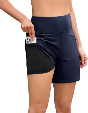 difficort Womens 7" Swim Shorts with Leggings High Waisted Board Beach Swimming Shorts with Zipper Pockets