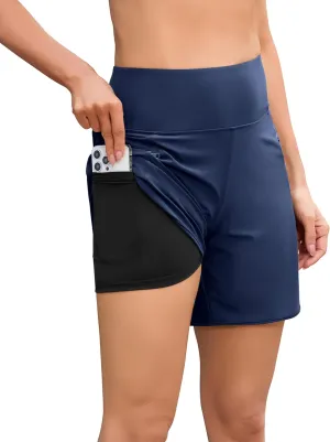 difficort Womens 7" Swim Shorts with Leggings High Waisted Board Beach Swimming Shorts with Zipper Pockets