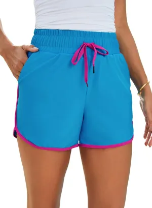 Dokotoo Women's Shorts with Liner High Waisted Quick Dry Beach Swimming Shorts for Women Drawstring Color Block Swim with Pockets Blue