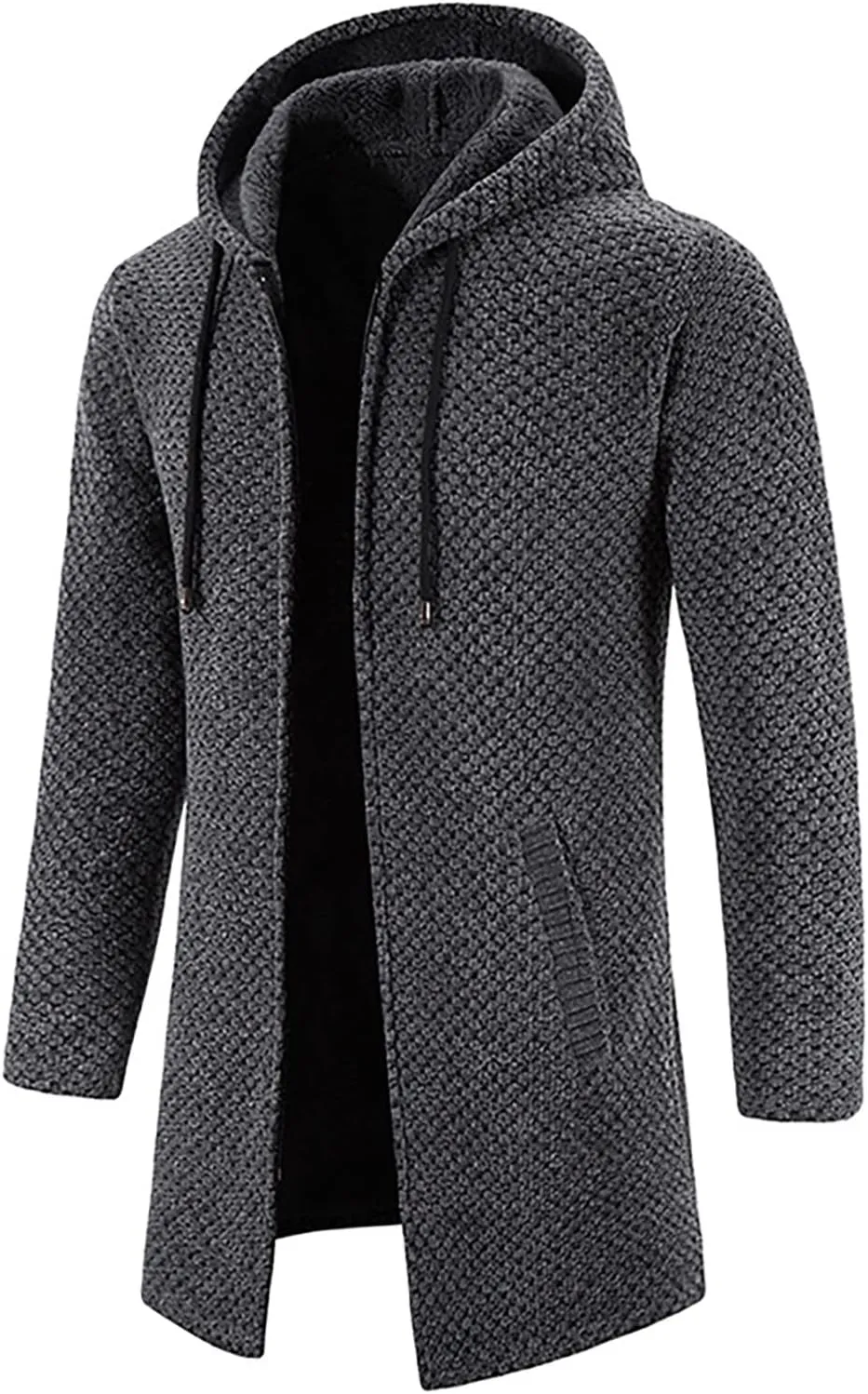 DuDubaby Men's Hooded Plush Plaid Knitting Drawstring Coat Sweater Warm Solid Color Jackets Tops