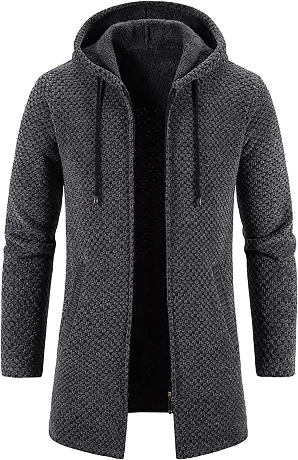 DuDubaby Men's Hooded Plush Plaid Knitting Drawstring Coat Sweater Warm Solid Color Jackets Tops