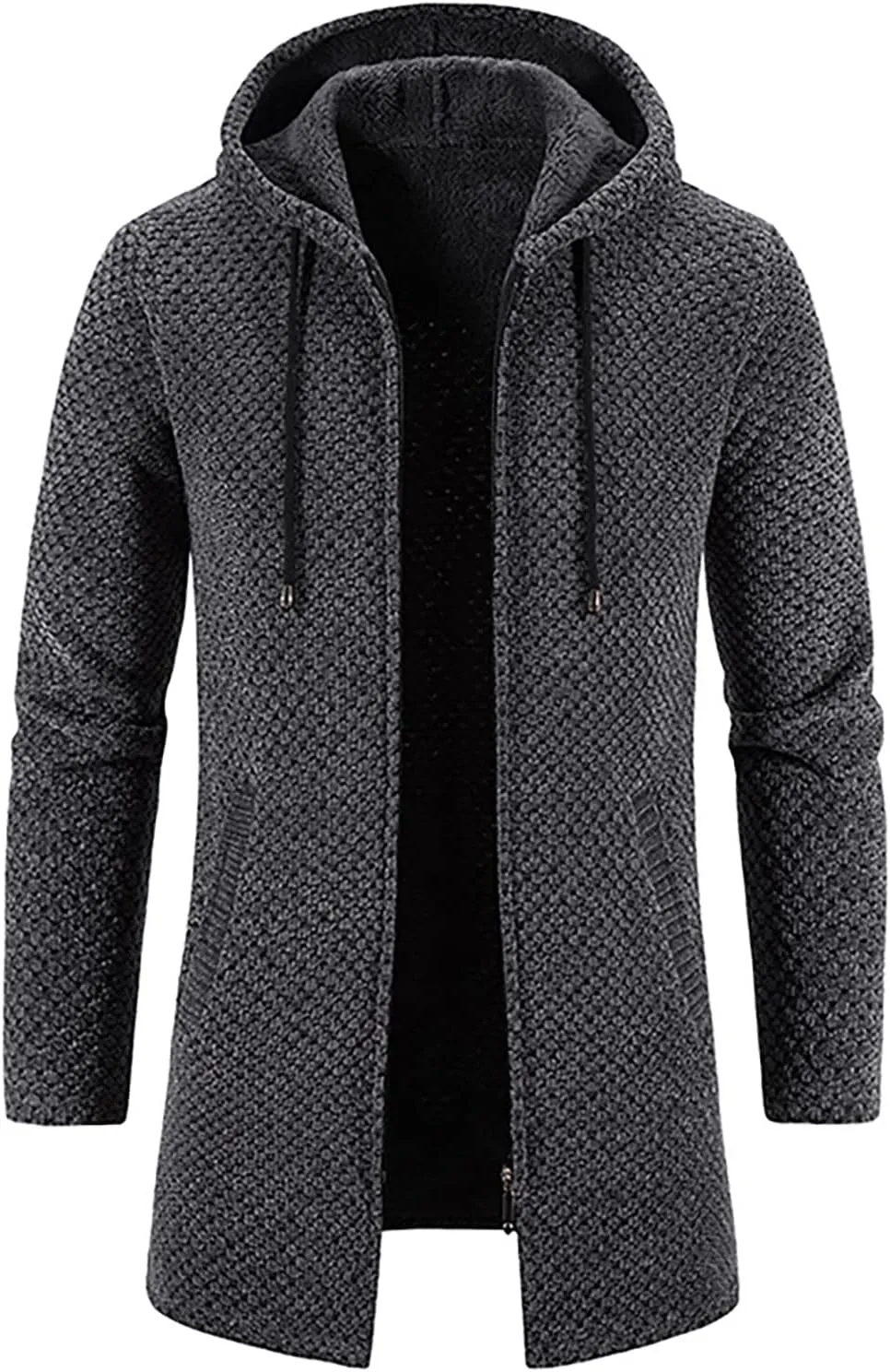 DuDubaby Men's Hooded Plush Plaid Knitting Drawstring Coat Sweater Warm Solid Color Jackets Tops