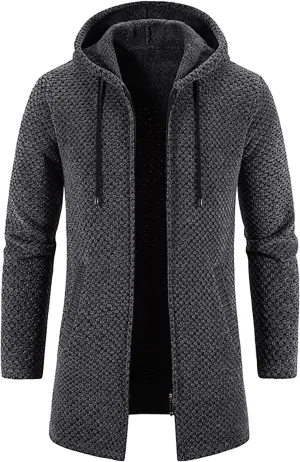 DuDubaby Men's Hooded Plush Plaid Knitting Drawstring Coat Sweater Warm Solid Color Jackets Tops