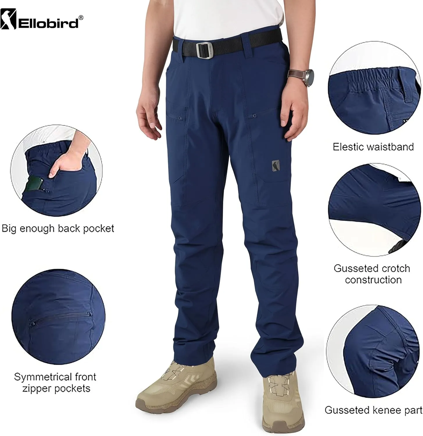 Ellobird Mens Flex Cargo Hiking Pants, Waterproof Stretch Lightweight Trousers