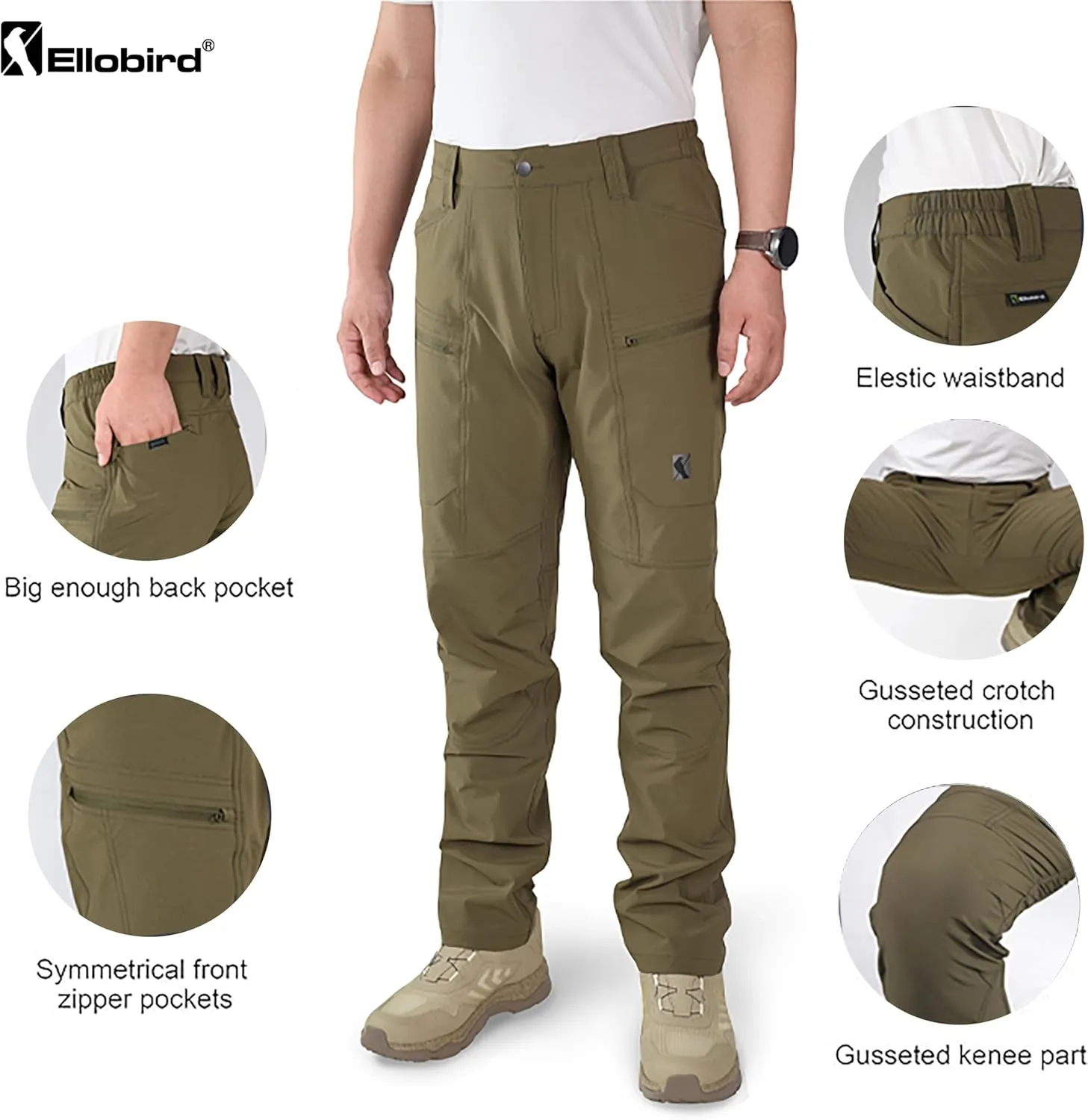 Ellobird Mens Flex Cargo Hiking Pants, Waterproof Stretch Lightweight Trousers