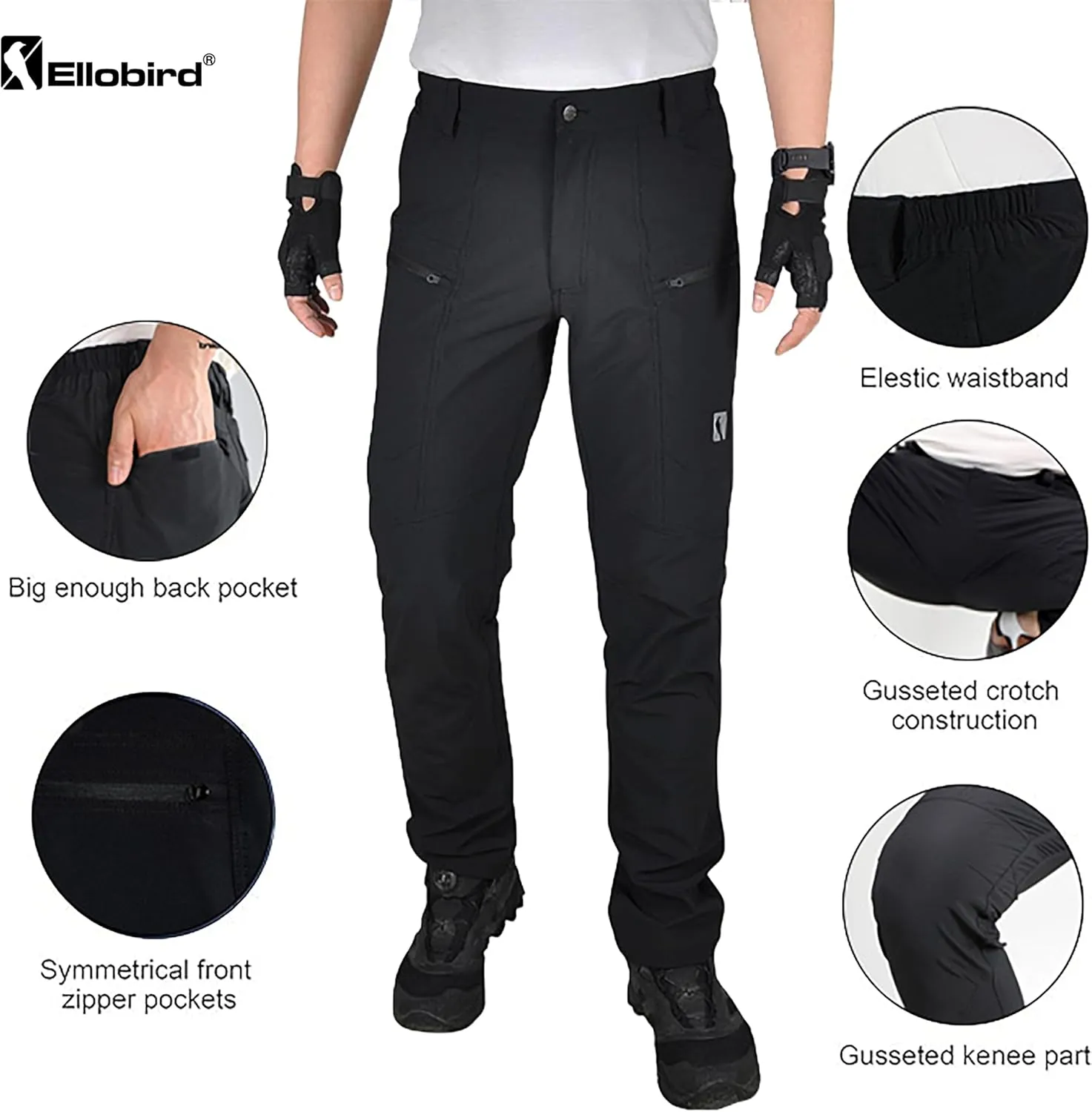 Ellobird Mens Flex Cargo Hiking Pants, Waterproof Stretch Lightweight Trousers