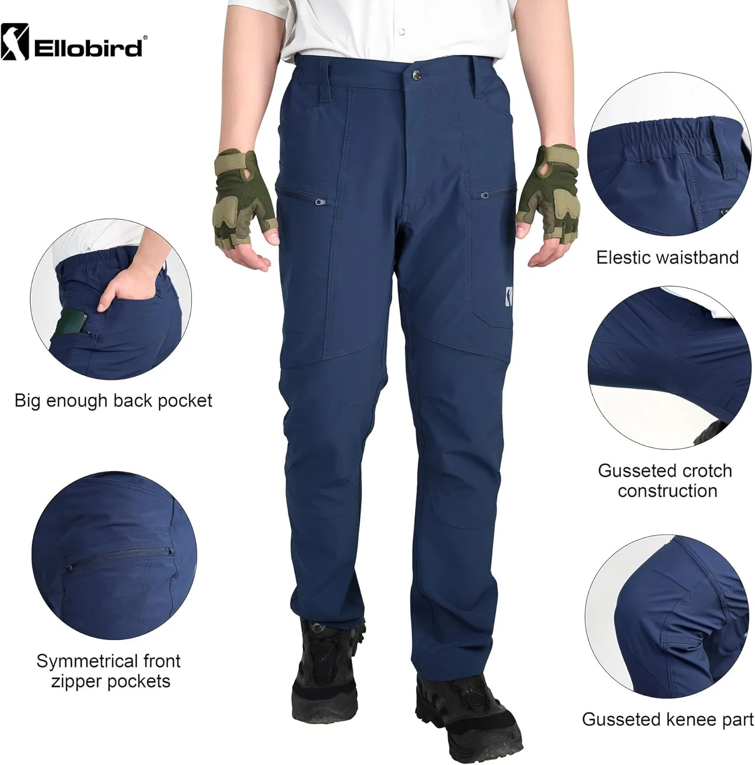 Ellobird Mens Flex Cargo Hiking Pants, Waterproof Stretch Lightweight Trousers