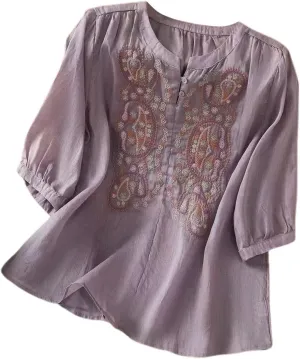 Embroidered Floral Cotton Tops for Women Tunic Tshirt Tee 3/4 Sleeve V Neck Button Flowy Blouse Boho Ethnic