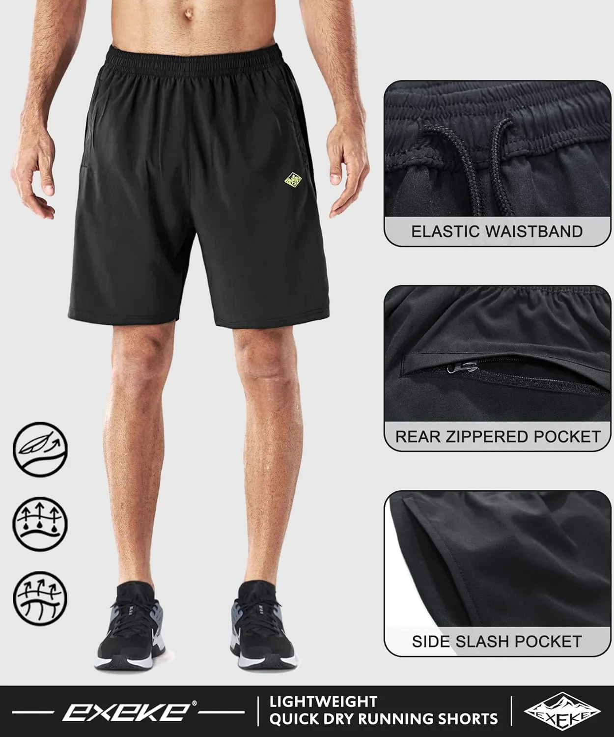 EXEKE Men's Quick Dry Running Shorts Lightweight Gym Workout Shorts with Zipper Pockets