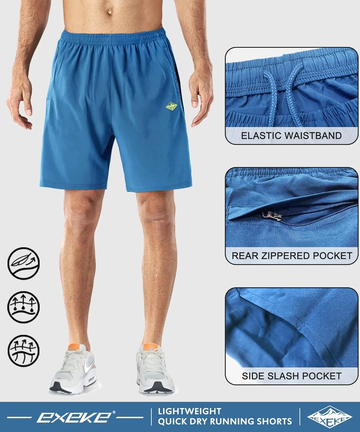 EXEKE Men's Quick Dry Running Shorts Lightweight Gym Workout Shorts with Zipper Pockets