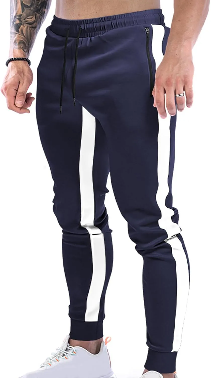 Finelylove Men's Casual Sweatpants Slim Fit Joggers Pants Drawstring Side Stripes Athletic Gym Pants with Zip Pockets