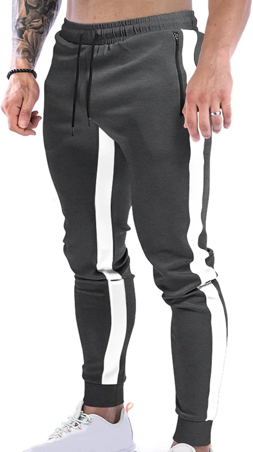 Finelylove Men's Casual Sweatpants Slim Fit Joggers Pants Drawstring Side Stripes Athletic Gym Pants with Zip Pockets