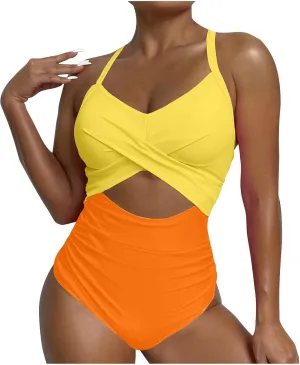 Firzero High Waisted Swimsuits for Women Tummy Control Swimsuits 2024 One Piece Cut Out Ruched Bathing Suit Sexy Swimwear