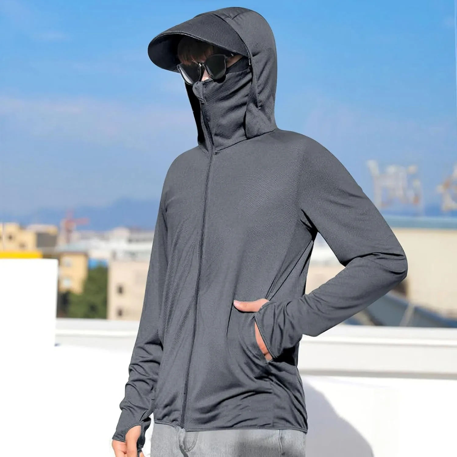Fishing UPF 50  Shirts for Men Long Sleeve Lightweight Hoodie Beach Quick Dry Rash Guard Tops with Zipper Pockets