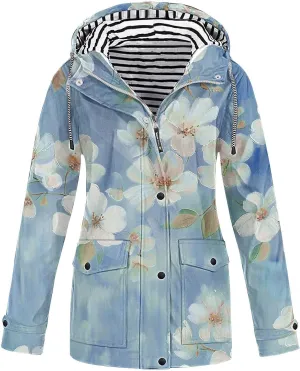 Floral Rain Jacket Women Waterproof Wain Coats Lightweight Outdoor Windbreaker Plus Size Athletic Jackets for Cycling