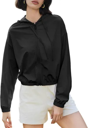 Flygo Women's UPF 50  Sun Protection Cropped Athletic Jackets Zip Up Hoodie Running Workout Shirts Outdoor Jacket