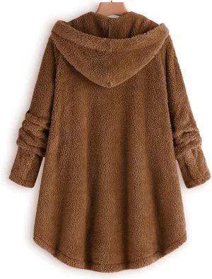 Fuzzy Fleece Jacket Women Winter Long Sleeve Sherpa Hoodie Coat Fall Warm Jackets Plus Size Button Plush Cardigan
