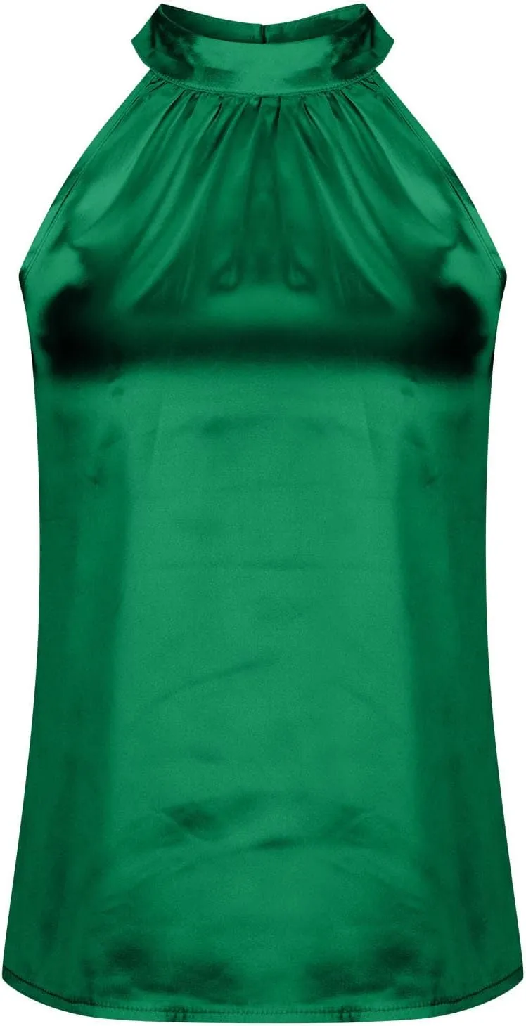 FZYLQY Women Silk Satin Halter Tops Casual Sleeveless Keyhole Mock Neck Tank Top Summer Sexy Curved Hem Dressy Blouse Shirt