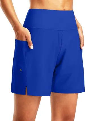 G Gradual Women's 7" Long Swim Board Shorts High Waisted Quick Dry Beach Swimming Shorts for Women with Liner Pockets