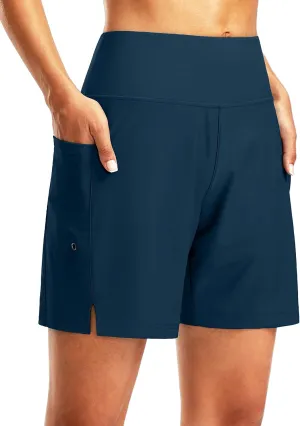 G Gradual Women's 7" Long Swim Board Shorts High Waisted Quick Dry Beach Swimming Shorts for Women with Liner Pockets