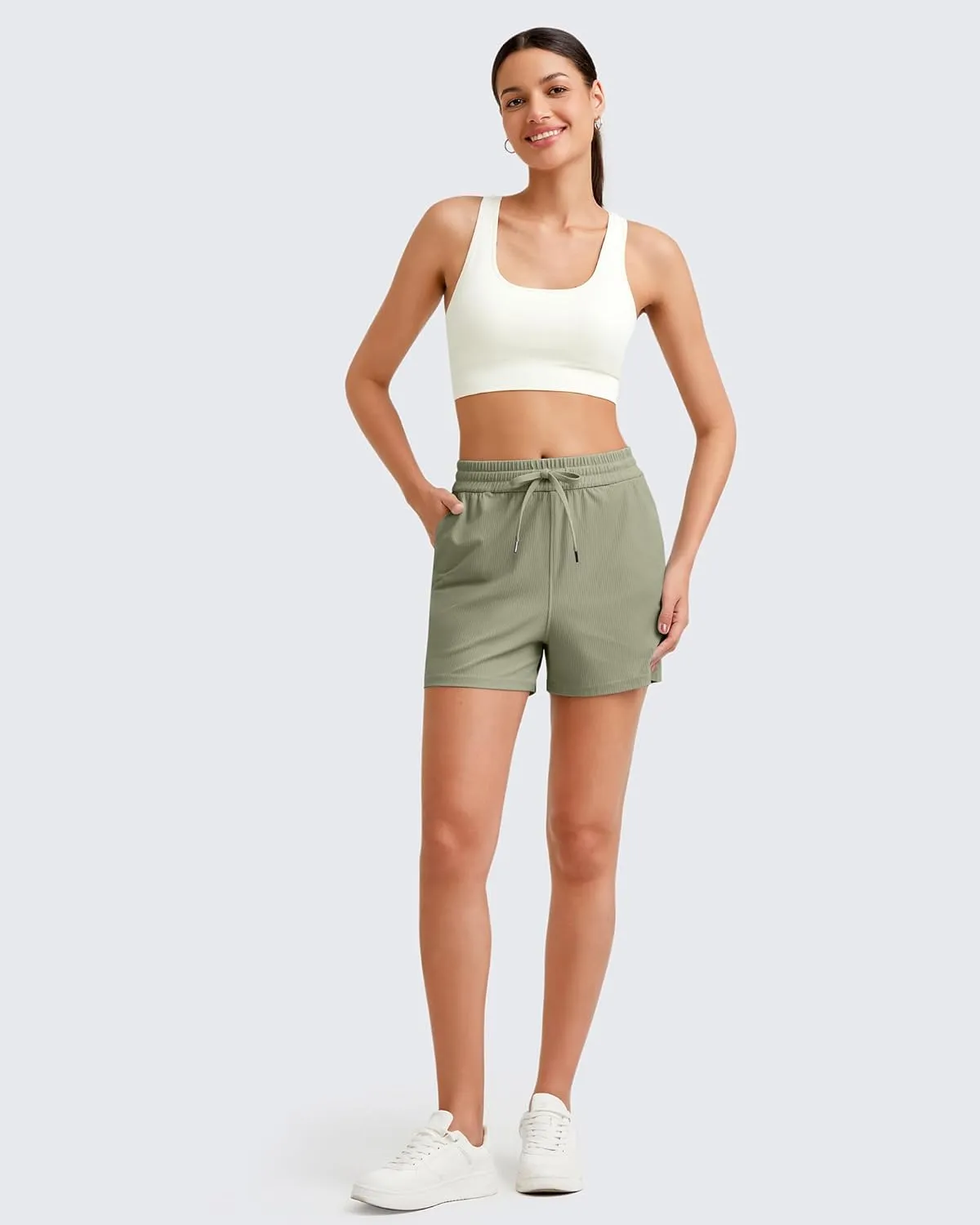 G4Free Ribbed Womens Athletic Shorts High Waisted Drawstring Gym Running Shorts with Pockets