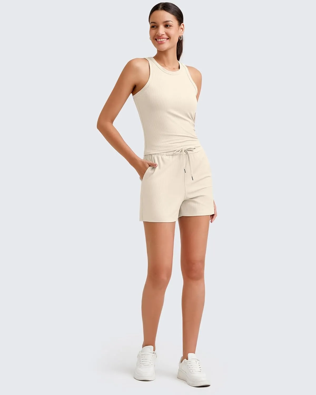 G4Free Ribbed Womens Athletic Shorts High Waisted Drawstring Gym Running Shorts with Pockets