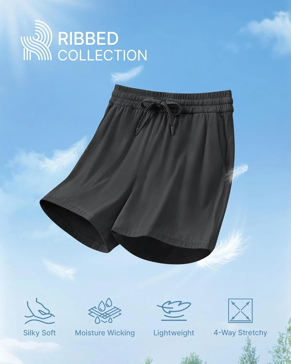 G4Free Ribbed Womens Athletic Shorts High Waisted Drawstring Gym Running Shorts with Pockets