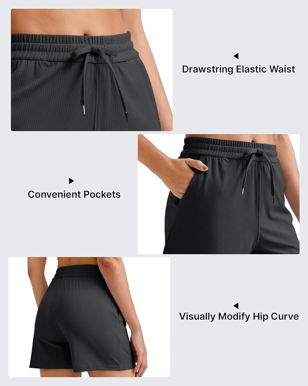 G4Free Ribbed Womens Athletic Shorts High Waisted Drawstring Gym Running Shorts with Pockets