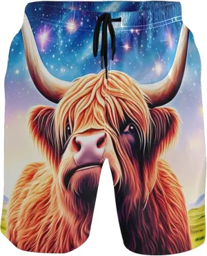 Glittery Highland Cow Swimming Shorts Beach Cute Swim Trunks Men Hawaiian Elastic Waist Quick Dry S