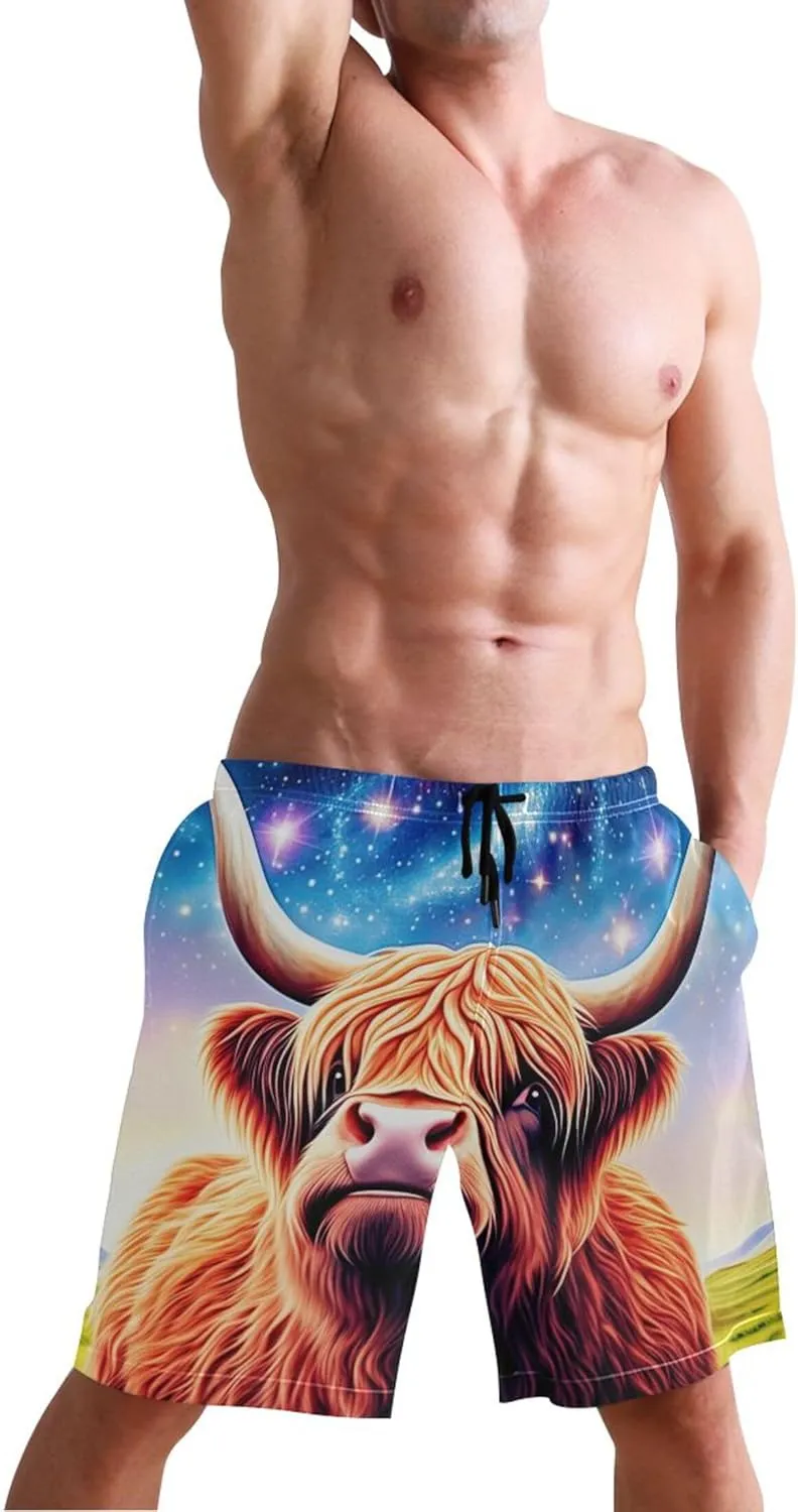 Glittery Highland Cow Swimming Shorts Beach Cute Swim Trunks Men Hawaiian Elastic Waist Quick Dry S