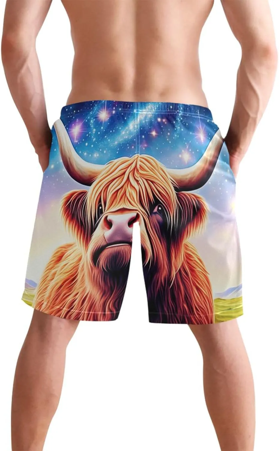 Glittery Highland Cow Swimming Shorts Beach Cute Swim Trunks Men Hawaiian Elastic Waist Quick Dry S