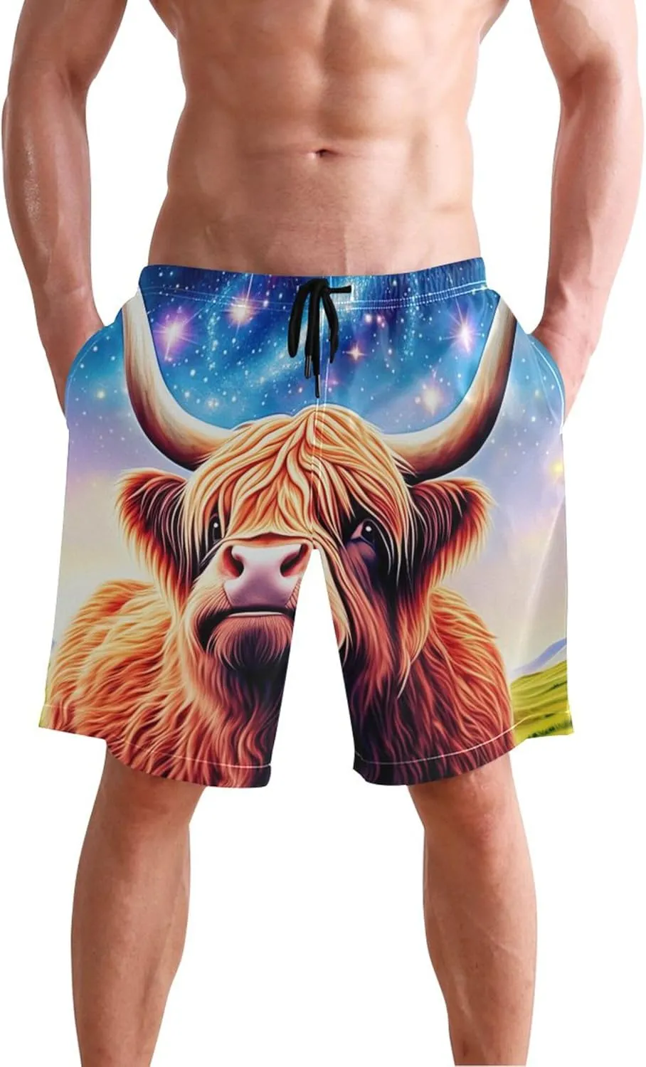 Glittery Highland Cow Swimming Shorts Beach Cute Swim Trunks Men Hawaiian Elastic Waist Quick Dry S