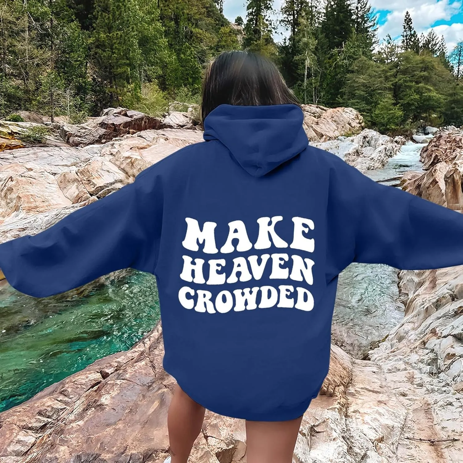 Graphic Hoodies Trendy Make Heaven Crowded Letter Printed Drawstring Long Sleeve Sweatshirt Fleece Hooded Sweatshirt Pullover