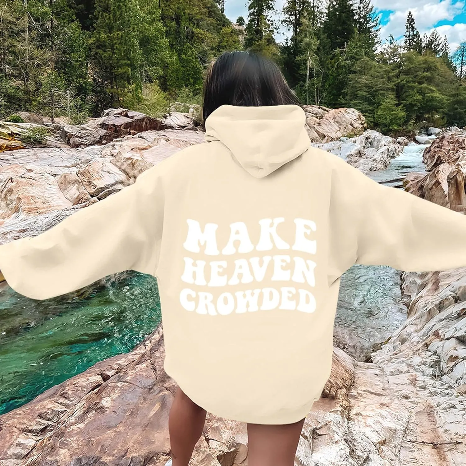 Graphic Hoodies Trendy Make Heaven Crowded Letter Printed Drawstring Long Sleeve Sweatshirt Fleece Hooded Sweatshirt Pullover