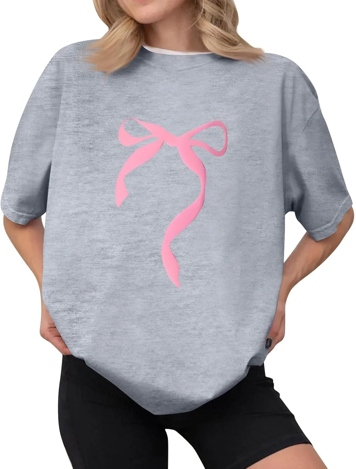 Graphic Tees for Women Cute Oversized Crew Neck Bow T Shirts Loose Fit Casual Workout Athletic Running Gym Tops