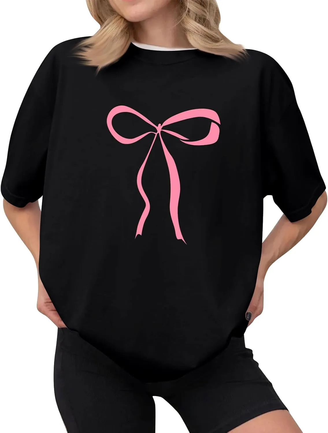 Graphic Tees for Women Cute Oversized Crew Neck Bow T Shirts Loose Fit Casual Workout Athletic Running Gym Tops