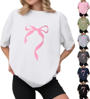 Graphic Tees for Women Cute Oversized Crew Neck Bow T Shirts Loose Fit Casual Workout Athletic Running Gym Tops