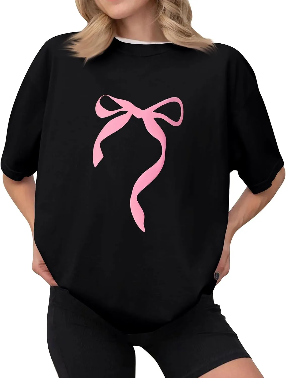 Graphic Tees for Women Cute Oversized Crew Neck Bow T Shirts Loose Fit Casual Workout Athletic Running Gym Tops