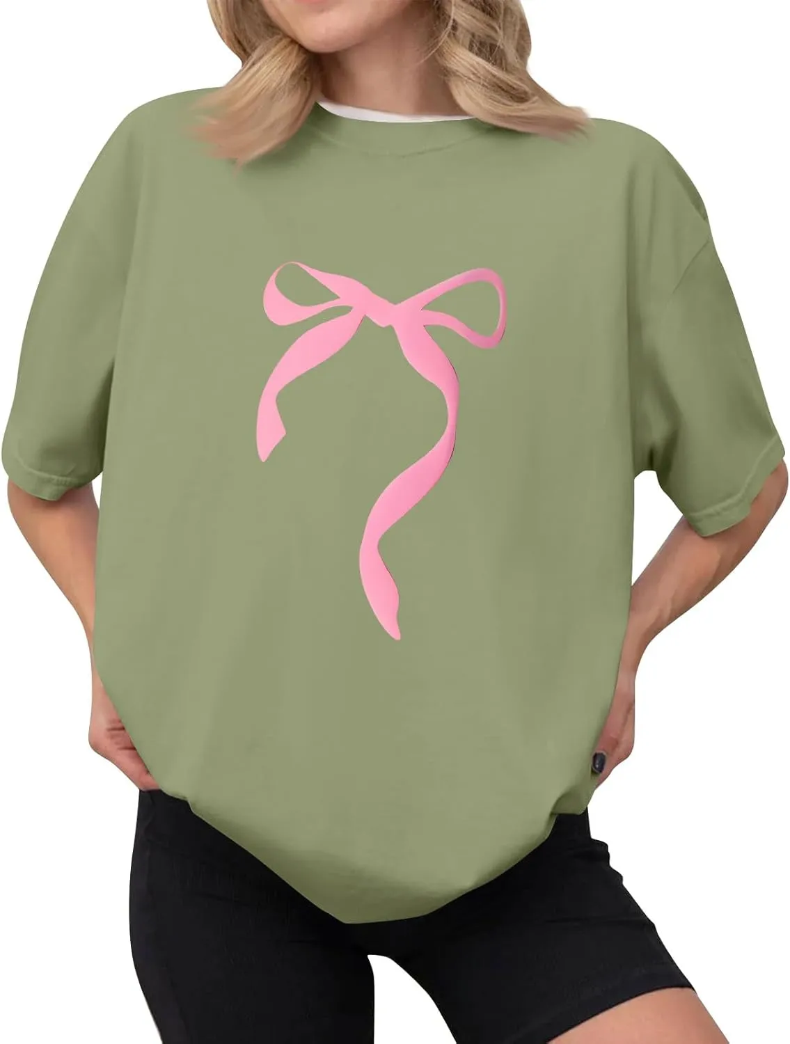 Graphic Tees for Women Cute Oversized Crew Neck Bow T Shirts Loose Fit Casual Workout Athletic Running Gym Tops