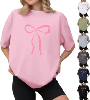Graphic Tees for Women Cute Oversized Crew Neck Bow T Shirts Loose Fit Casual Workout Athletic Running Gym Tops