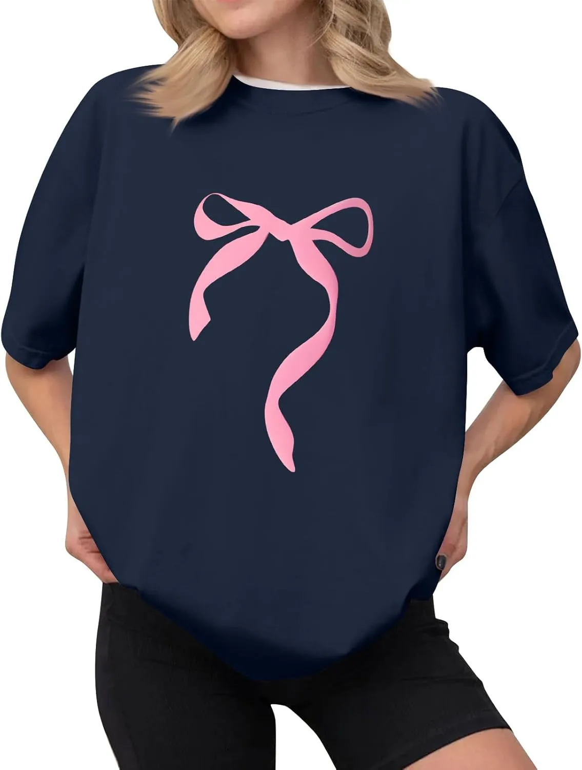 Graphic Tees for Women Cute Oversized Crew Neck Bow T Shirts Loose Fit Casual Workout Athletic Running Gym Tops