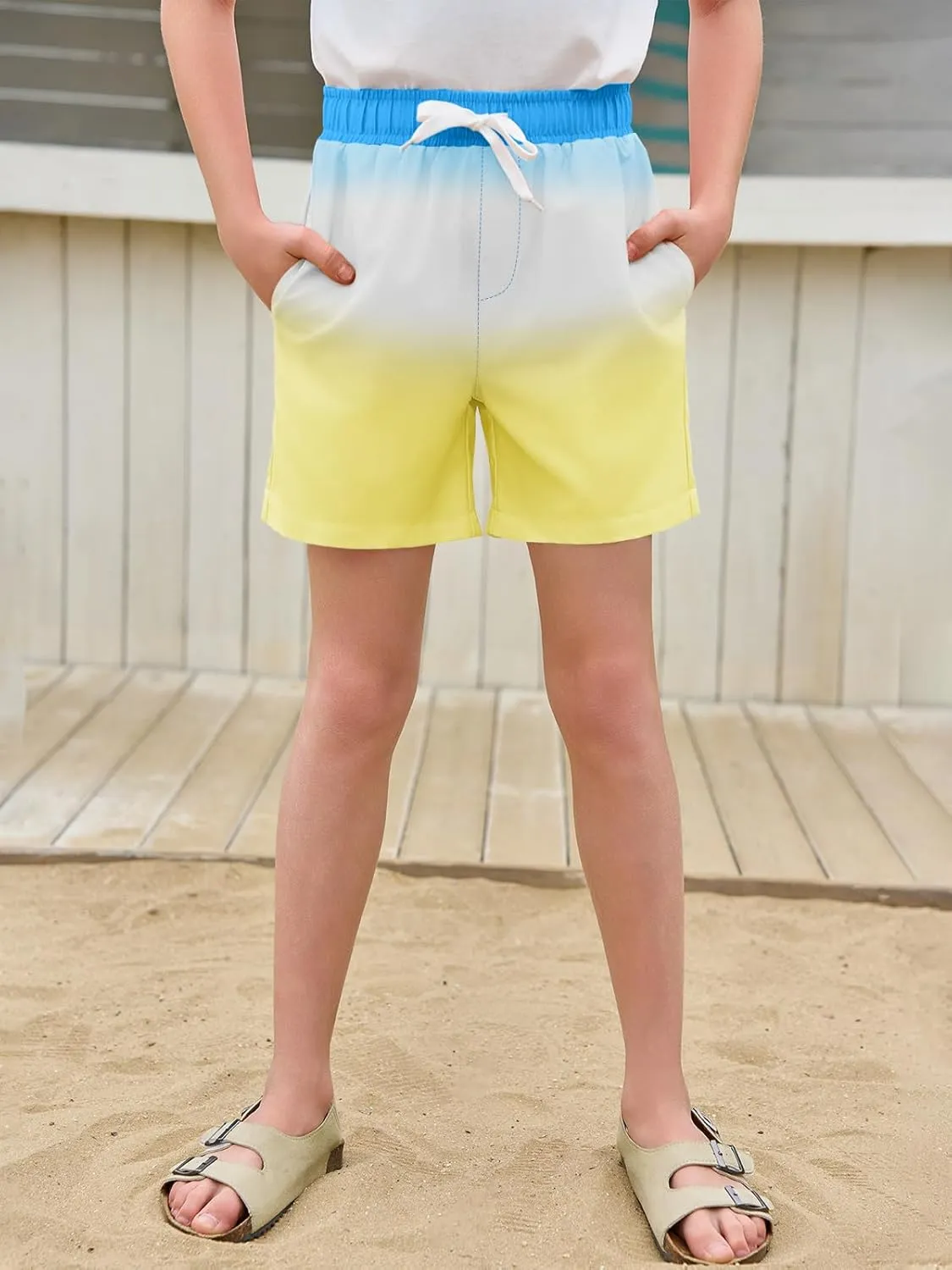 Haloumoning Boys Swim Trunks with Boxer Brief Liner Kids Gradient Quick Dry Swimming Shorts 5-14 Years