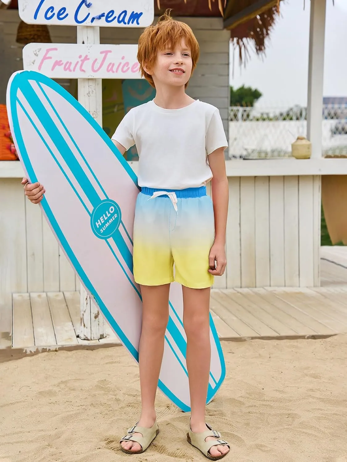Haloumoning Boys Swim Trunks with Boxer Brief Liner Kids Gradient Quick Dry Swimming Shorts 5-14 Years