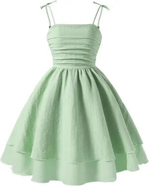 Happy Cherry Girls Tie Knot Spaghetti Strap Midi Dresses Smocked Tiered Beach Sundress Summer 4-10Y