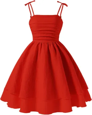 Happy Cherry Girls Tie Knot Spaghetti Strap Midi Dresses Smocked Tiered Beach Sundress Summer 4-10Y