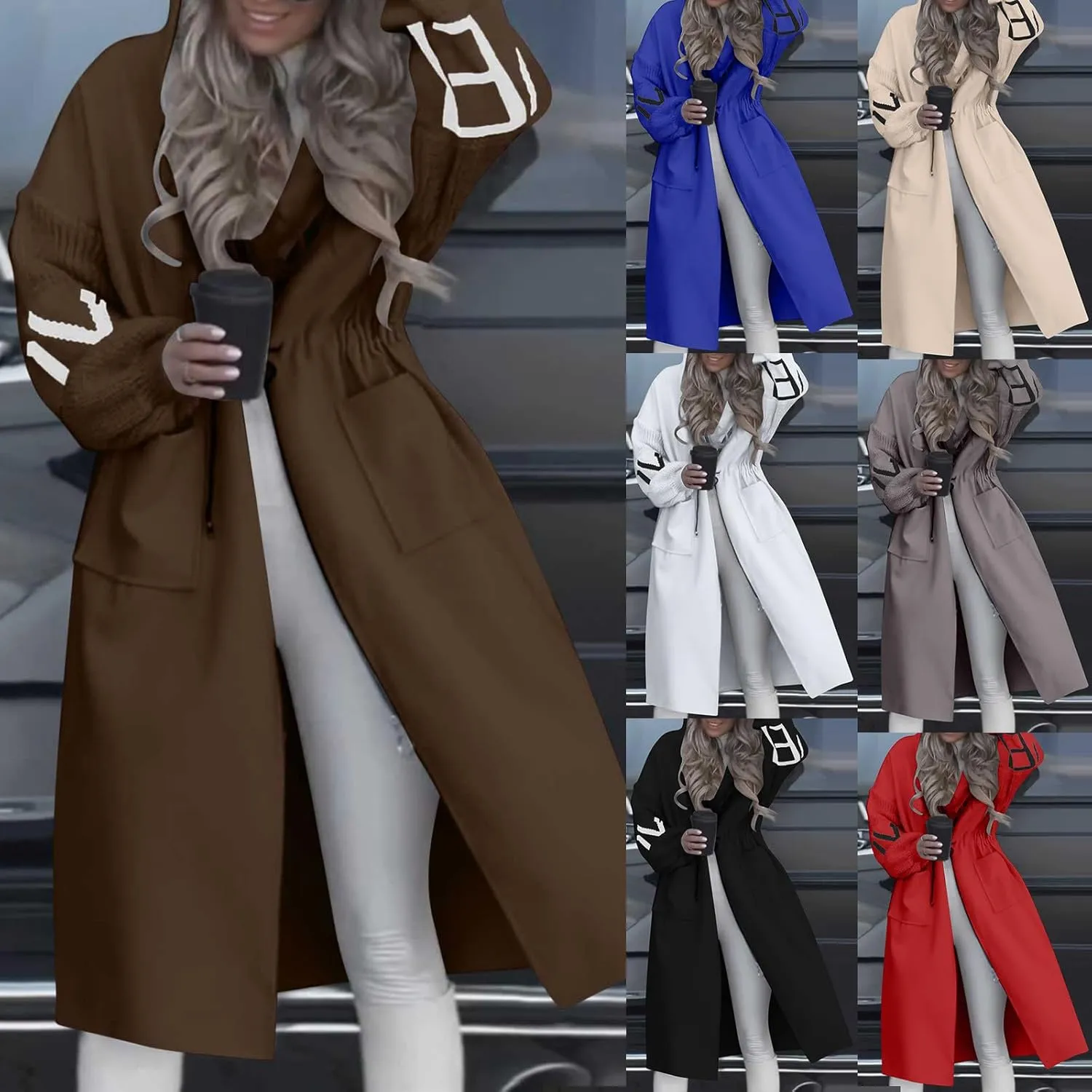 HGps8w Long Hoodies Jacket for Women Letter Knitted Patchwork Long Sleeve Casual Drawstring Waist Outerwear with Pockets