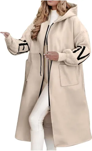 HGps8w Long Hoodies Jacket for Women Letter Knitted Patchwork Long Sleeve Casual Drawstring Waist Outerwear with Pockets